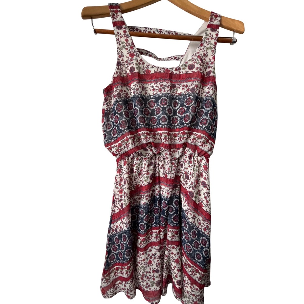 Eyeshadow Floral Paisley Mini Dress Womens Small Red Navy Strappy Back Excellent